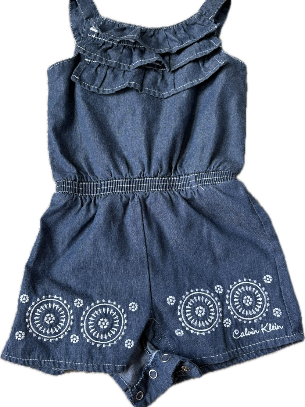 Calvin Klein Navy Blue Denim Girls' Romper with White Embroidery